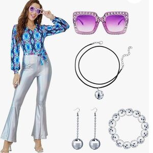 70s Costumes 60s Disco Outfits Tops and Sliver Bell Bottom Pants size L